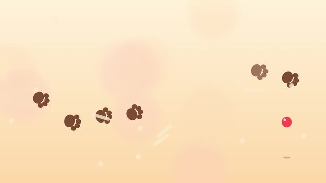 Cartoon animal paw prints moving across warm background with red ball floating in a soft motion graphics clip