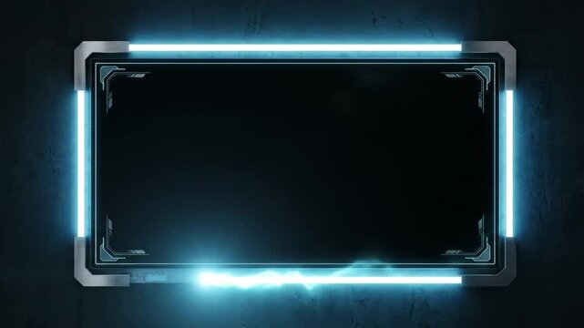HUD neon interface glowing frame lighting up with blue electricity glowing inside dark digital virtual reality display screen panel representing science fiction technology concept design cyber space.