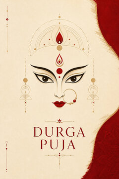 Happy Durga Puja greeting poster with Goddess Durga face illustration and traditional Indian motifs