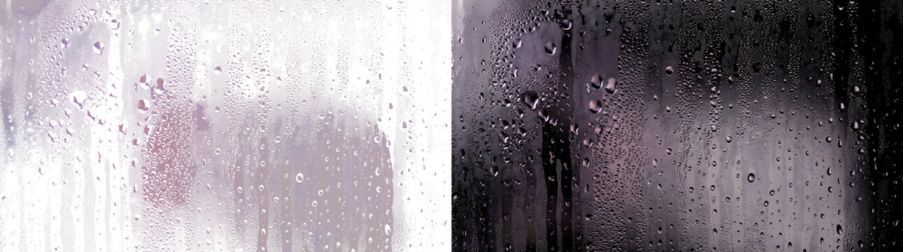Misty mauve toned condensation coating a glass window with dripping streaks and a moody backdrop with PNG, Transparent and Black Background Versions