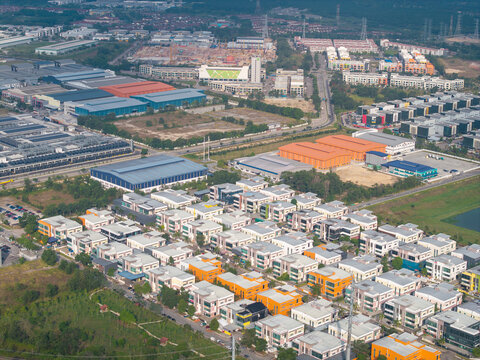 Gelang Patah, Johor, Malaysia - 05 March 2026: Aerial view of Silc Southern Industrial Logistics Clusters featuring modern industrial warehouses and logistics facilities.