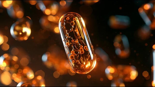 A golden capsule floats in a dark space surrounded by small orbs that move around. The scene shows the capsule and orbs in various positions.