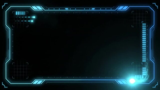 HUD, neon, interface frame glowing blue in dark virtual reality environment with sci fi display screen graphics for futuristic technology presentation background.