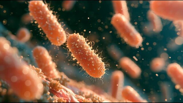 Bacteria move through their environment, showing changes in position and interactions with surrounding particles in a vibrant setting.