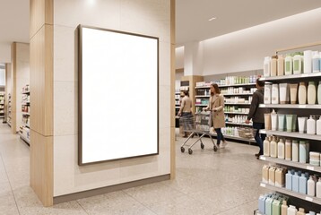 Fototapeta premium Blank vertical lightbox mockup mounted on a column inside a contemporary supermarket personal care department, with shopping customers and products on shelves in the background.
