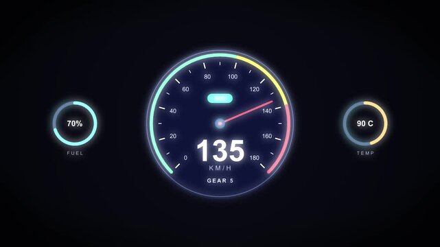 Futuristic car dashboard displaying speed in kilometers per hour with animated fuel and temperature gauges