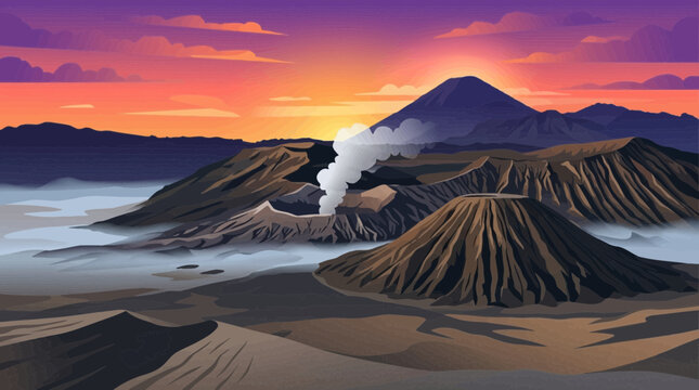 Vector illustration of Mount Bromo volcano in East Java, Indonesia, steaming crater and Semeru peak above a misty sand sea at colorful sunrise, Tengger landscape and adventure travel destination.