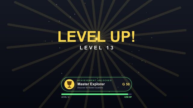 Master explorer achievement unlock notification video with level up transition and xp progress bar overlay