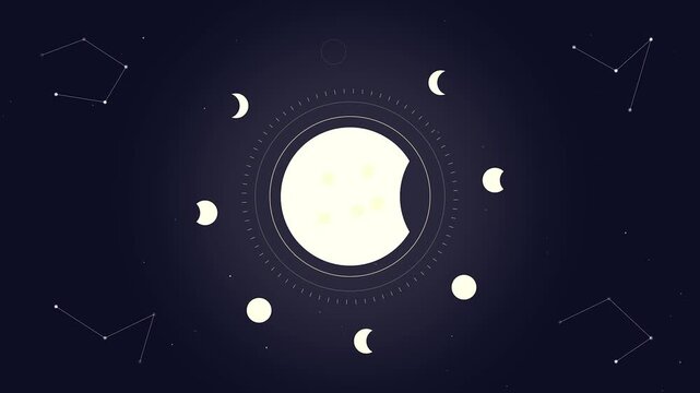 Mystical lunar cycle animation showing moon phases with celestial constellations on dark starry background