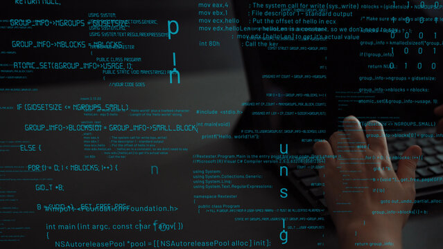 Close-up shot of a person hands typing on a keyboard surrounded by abstract layers of computer code and programming text, emphasizing technology and digital innovation. Xenic