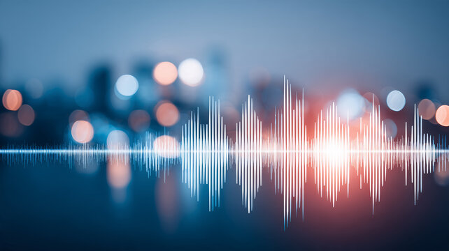 A digital audio waveform displayed across a blurred background represents voice recording sound analysis and communication technology.
