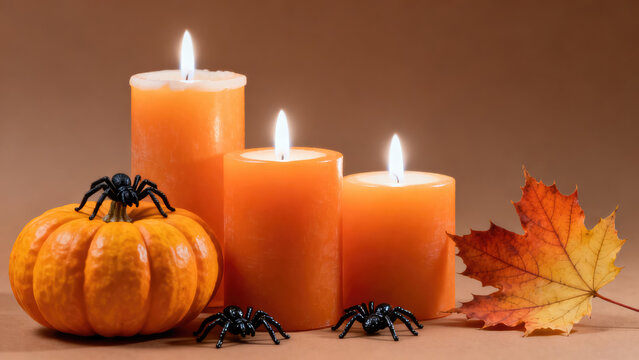 Spooky halloween scene with glowing orange candles a pumpkin and plastic spiders, halloween holiday festive image design