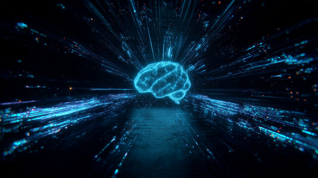 A glowing digital brain surrounded by flowing data lines represents artificial intelligence neural networks and advanced computing.
