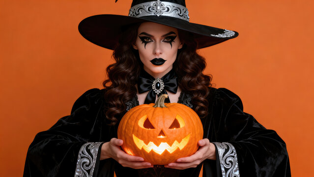 Female dressed as witch holding jack-o'-lantern, halloween holiday festive image design