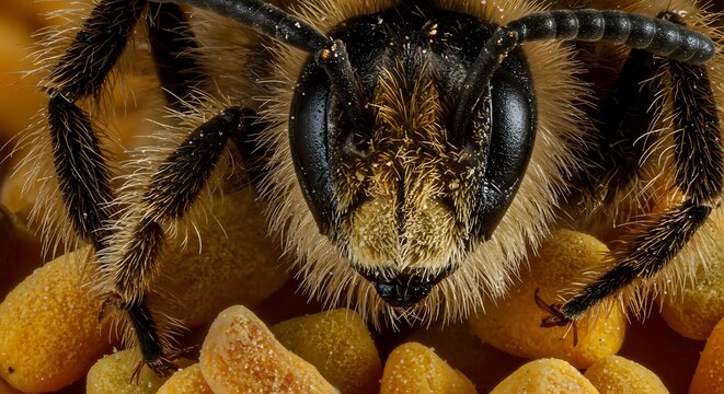 Closeup of bee on pollen grains.