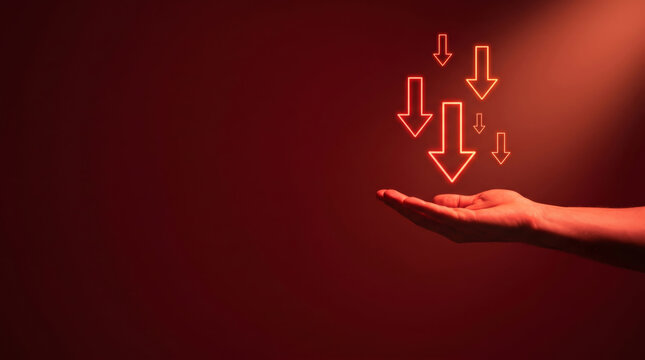 Inflation red arrow economy concept with falling arrows above open hand dramatic light. Financial crisis recession. stock price increase falling, bankruptcy risk loss, chart graph statistic