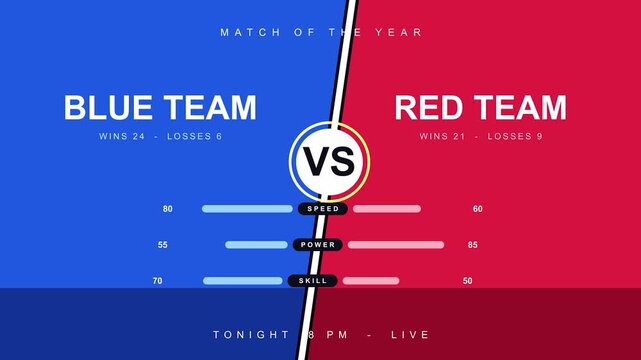 Versus comparison screen showing blue team and red team statistics for esports match event motion graphic animation