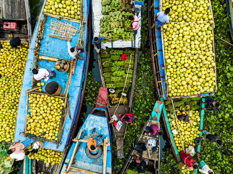 Rangamati, Bangladesh - 07 September 2024: Aerial view of boats loaded with pomelos and bananas at a floating market, with workers sorting and organizing the fruit.