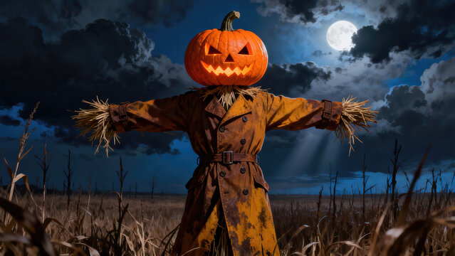 A spooky scarecrow with a carved pumpkin head stands guard in a field under a full moon, evoking Halloween., halloween holiday festive image design
