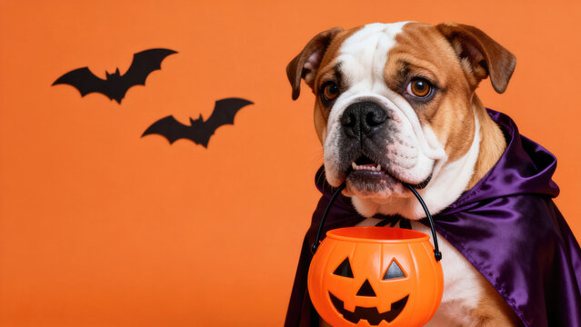 Cute English Bulldog dog dressed in Halloween costume with pumpkin trick or treat bucket and bats on orange background, halloween holiday festive image design