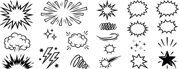 Line speed cartoon effect, boom explosive motion line element set. Comic boom burst, explosive smoke, line speed cartoon vector icon. Hand drawn sketch doodle action effect. Vector illustration © john