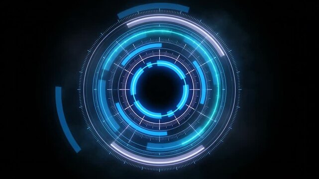 HUD, technology interface loading blue circles spinning round glowing digital graphics representing futuristic computing systems advancing data processing through virtual displays.