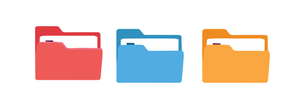 Three flat of file folders in red, blue, and yellow, each containing a white document sheet with a small dark tab, isolated on a white background