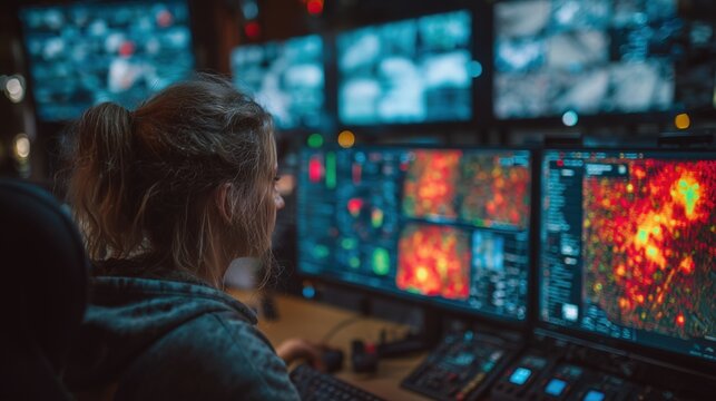 Analyst working with thermal map and surveillance feeds on dual monitors in control room