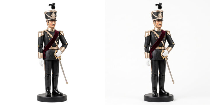 Figurine of an officer in a black uniform with a burgundy velvet sash and feather plume as an isolated PNG on a transparent background