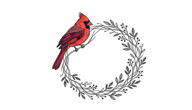 Red cardinal bird perched on elegant rustic branch wreath frame isolated holiday vector illustration design