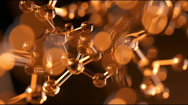 Molecules move and change position, illuminated by shifting light, creating dynamic visuals of their structure over time.