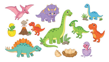 Cute happy cartoon dinosaurs elements set with volcano prehistoric plants and eggs isolated vector illustration © SaikatIslam