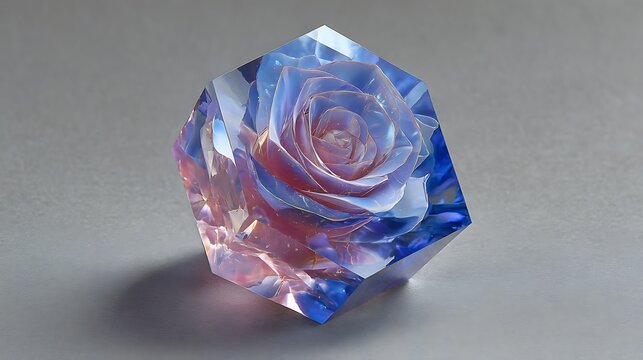 Faceted crystal cube with a rose inside in iridescent blue and pink