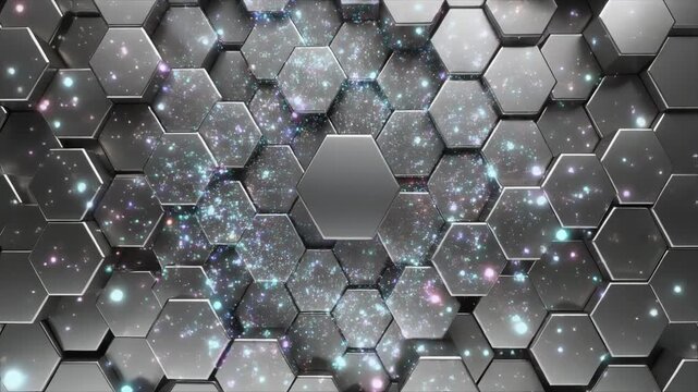 Metallic 3D Hexagon Surface with Glowing Particle Core 4K Generative AI