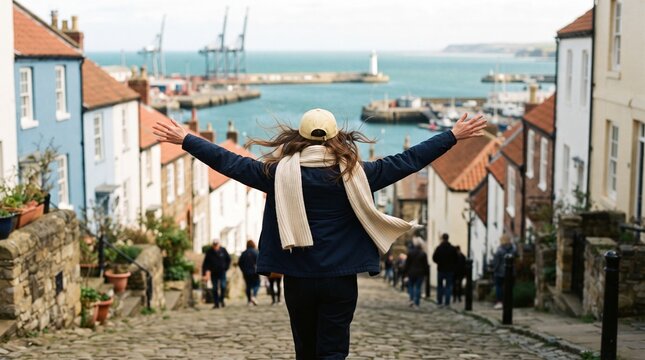 Woman with Arms Outstretched Walking Up Harbor Street Toward Lighthouse