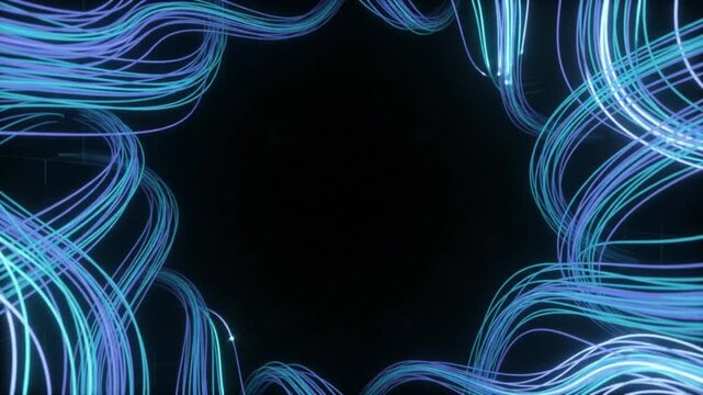 Glowing Blue and Cyan Fiber Optic Data Streams Flowing Around Dark Center Frame Border