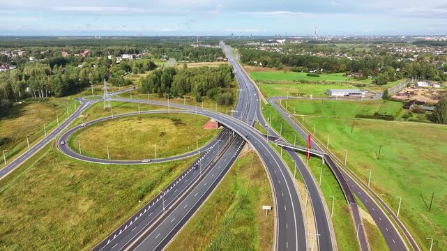 Aerial View of A7 Highway Interchange and Roundabout near Kekava, Latvia