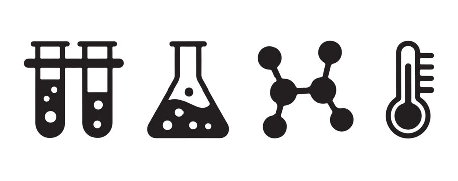 Chemical research icons including bubbling beakers and molecular structures are shown in black silhouette form.