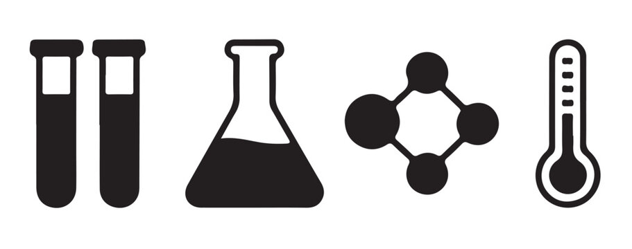 Science icons including test tubes, flask, molecule, and thermometer for laboratory and research purposes.