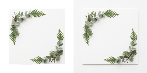 Christmas greenery frame with pine eucalyptus and cedar branches arranged as a decorative PNG border on a transparent background © Graphen