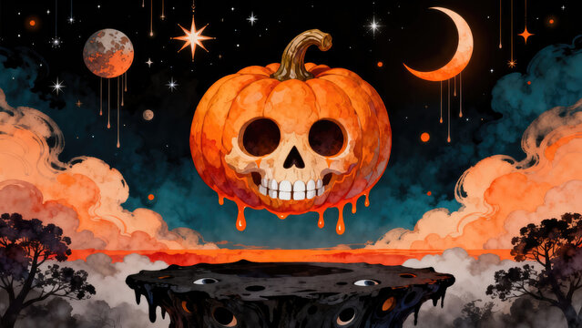 illustration of a pumpkin with a skull face on a dark background, halloween holiday festive image design