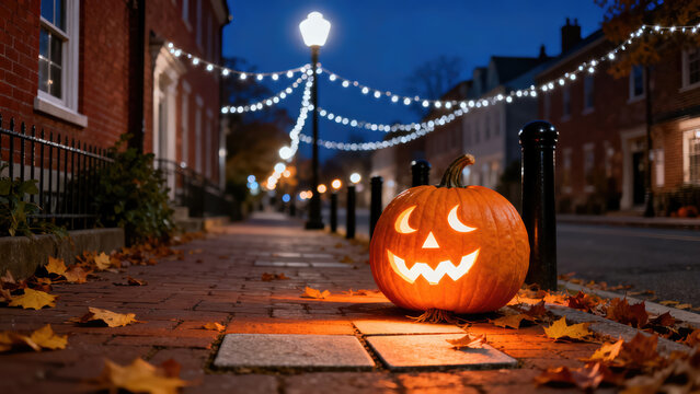 Glowing jack-o'-lantern casting eerie light on a cobblestone street ready for Halloween night celebrations in a charming European city, halloween holiday festive image design