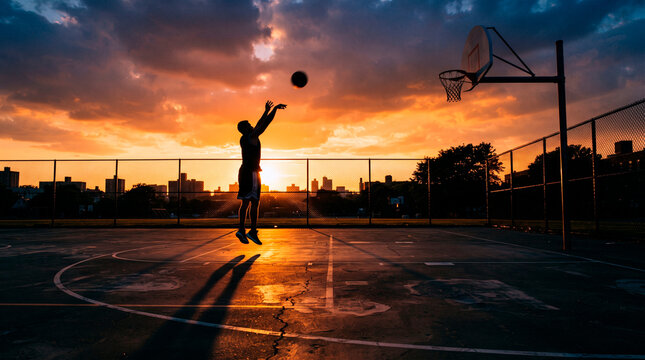 Silhouette of a basketball player shooting a ball at sunset on an urban court