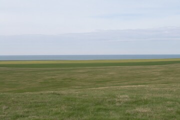 Fototapeta premium Rolling green fields meet the sea under a cloudy sky