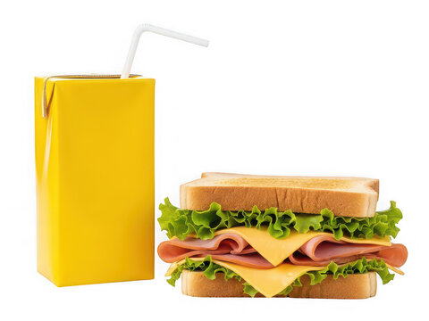 Ham and cheese sandwich with a yellow juice box isolated on transparent background