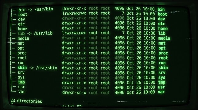 A retro computer terminal displaying a green text directory listing of a Unix-like file system, showing permissions, owners, and dates.