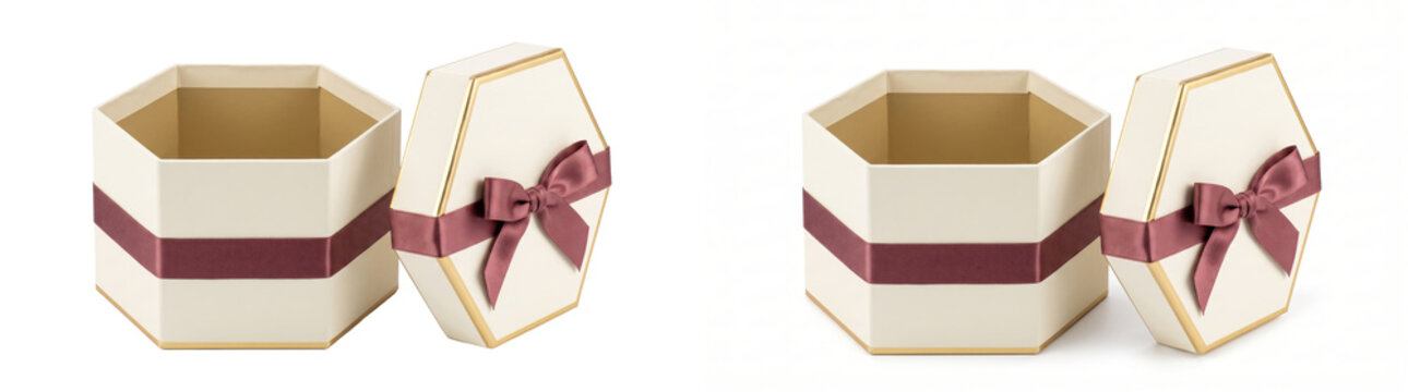 Gift box in a hexagon shape with cream paper and a mauve satin ribbon bow on the lid as an isolated PNG on a transparent background