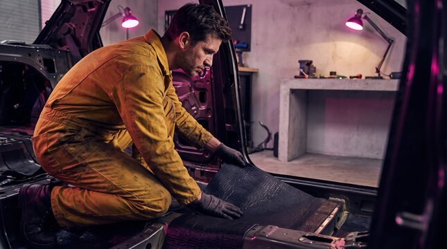 Mechanic Installing Automotive Sound Insulation Mat on Vehicle Floor in Professional Workshop