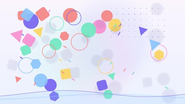Abstract geometric shapes motion on light background with colorful circles squares and triangles animation