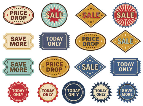 Flat lay illustration of a retro sale badges vector bundle containing vintage promotional stickers for retail shopping